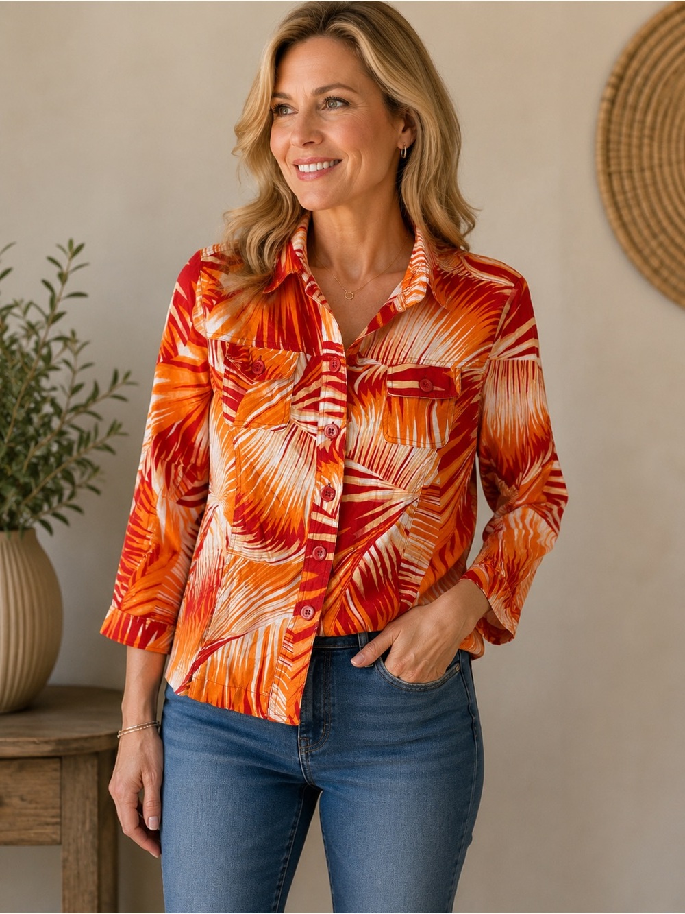 Linen Blend Tropical Palm Print Button Front Jacket Women’s XL
